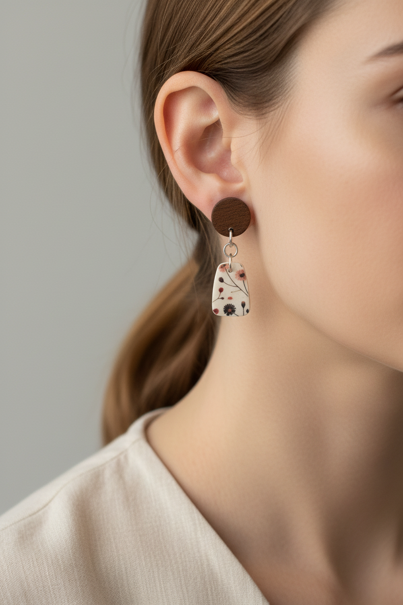 Close up of model wearing Crafty Larder Wild Stem earrings — round dark wood stud with small botanical print trapezoid clay drop, wispy stems on cream, hair tucked back showing delicate earring on lobe