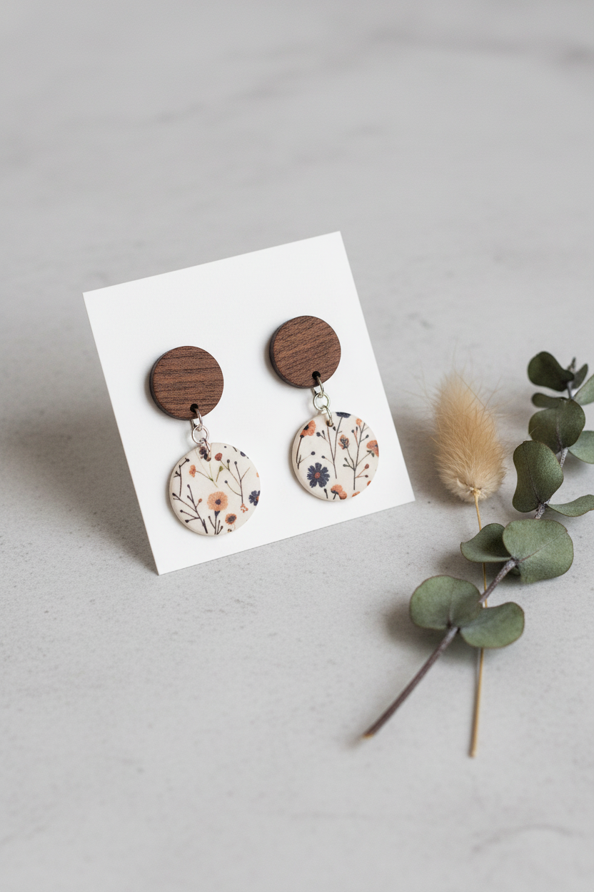 Handmade Wild Stem earrings — round dark wood stud with large botanical print circle clay drop, wispy stems and wildflowers on cream, stainless steel findings, on white jewellery card on stone surface