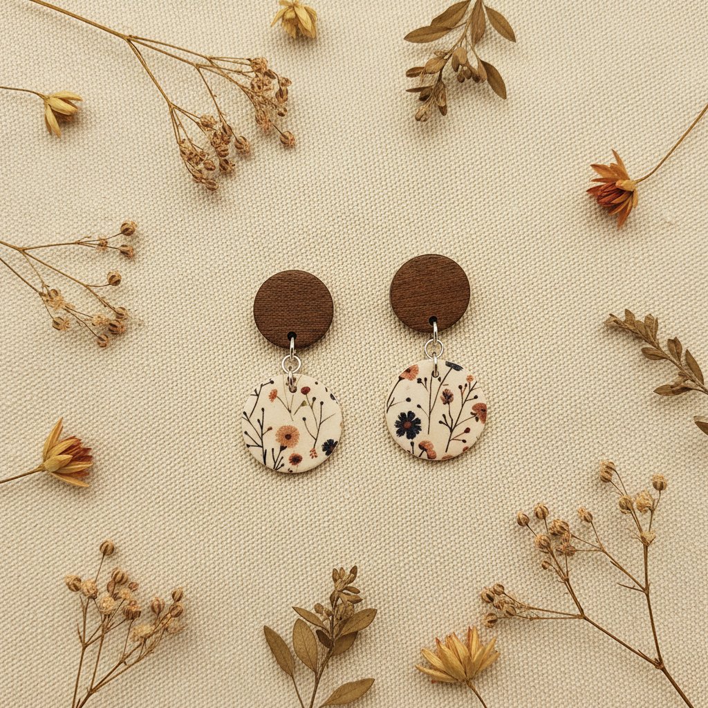 Overhead flat lay of Crafty Larder Wild Stem earrings on cream linen with dried botanicals — round dark wood stud with large botanical print circle clay drop, wispy stems and wildflowers on cream