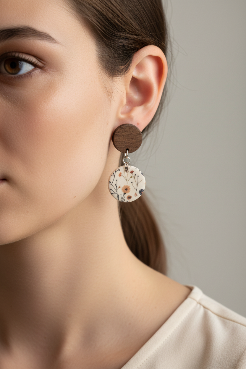 Close up of model wearing Crafty Larder Wild Stem earrings — round dark wood stud with large botanical print circle clay drop, wispy stems on cream, hair tucked back showing earring on lobe