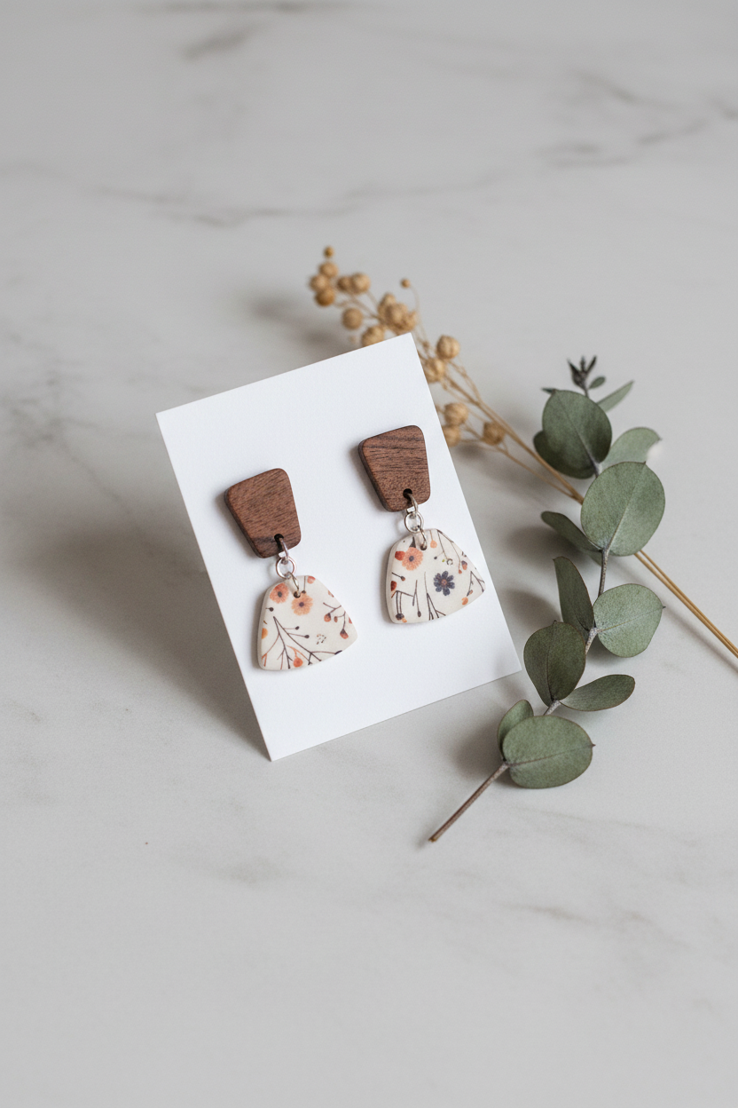 Handmade Wild Stem earrings — dark wood trapezoid stud with botanical print fan clay drop, wispy stems and wildflowers on cream, stainless steel findings, on white jewellery card on stone surface