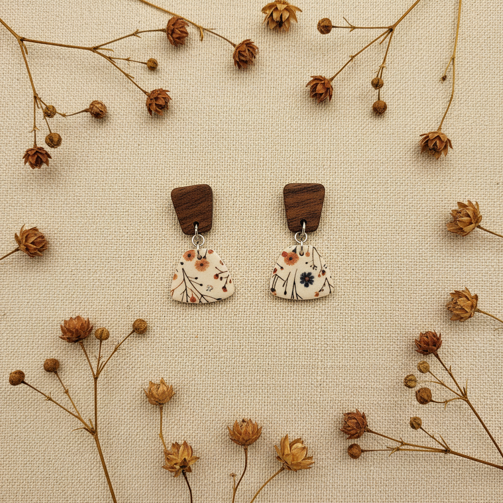 Overhead flat lay of Crafty Larder Wild Stem earrings on cream linen with dried botanicals — dark wood trapezoid stud with botanical print fan clay drop, wispy stems and wildflowers on cream