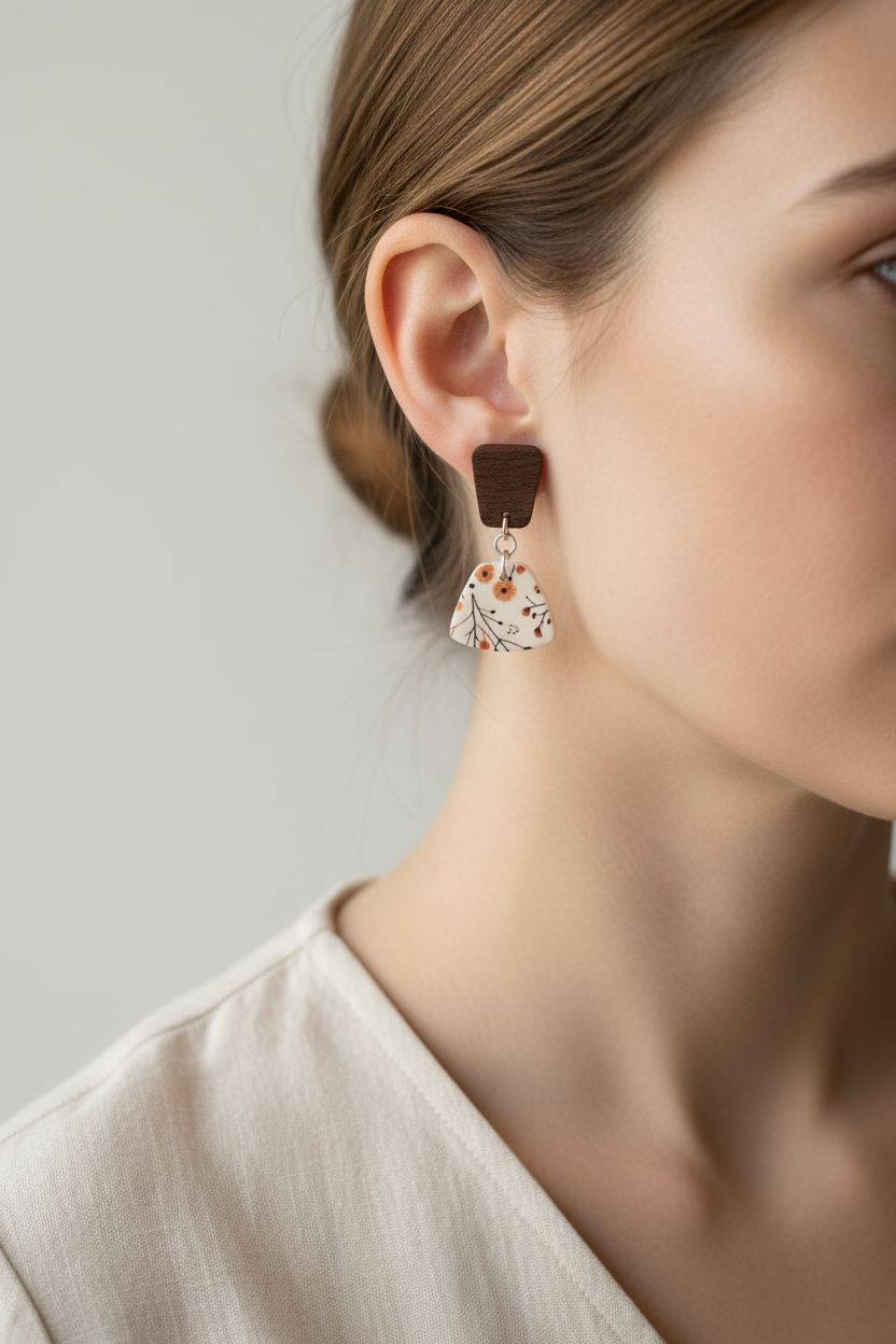 Close up of model wearing Crafty Larder Wild Stem earrings — dark wood trapezoid stud with botanical print fan clay drop, wispy stems on cream, hair tucked back showing earring on lobe