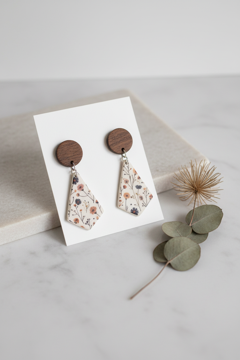 Handmade Wild Stem earrings — round dark wood stud with large botanical print diamond clay drop, meadow wildflowers on cream, stainless steel findings, on white jewellery card on stone surface