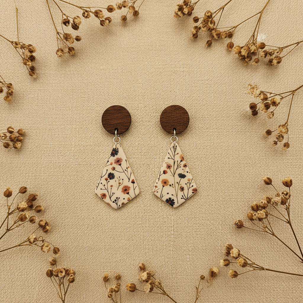 Overhead flat lay of Crafty Larder Wild Stem earrings on cream linen with dried botanicals — round dark wood stud with large botanical print diamond clay drop, meadow wildflowers on cream