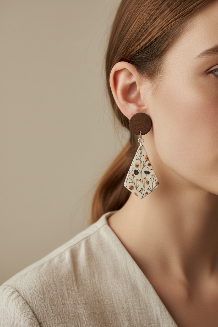 Close up of model wearing Crafty Larder Wild Stem statement earrings — round dark wood stud with large botanical print diamond clay drop, meadow wildflowers on cream, hair tucked back