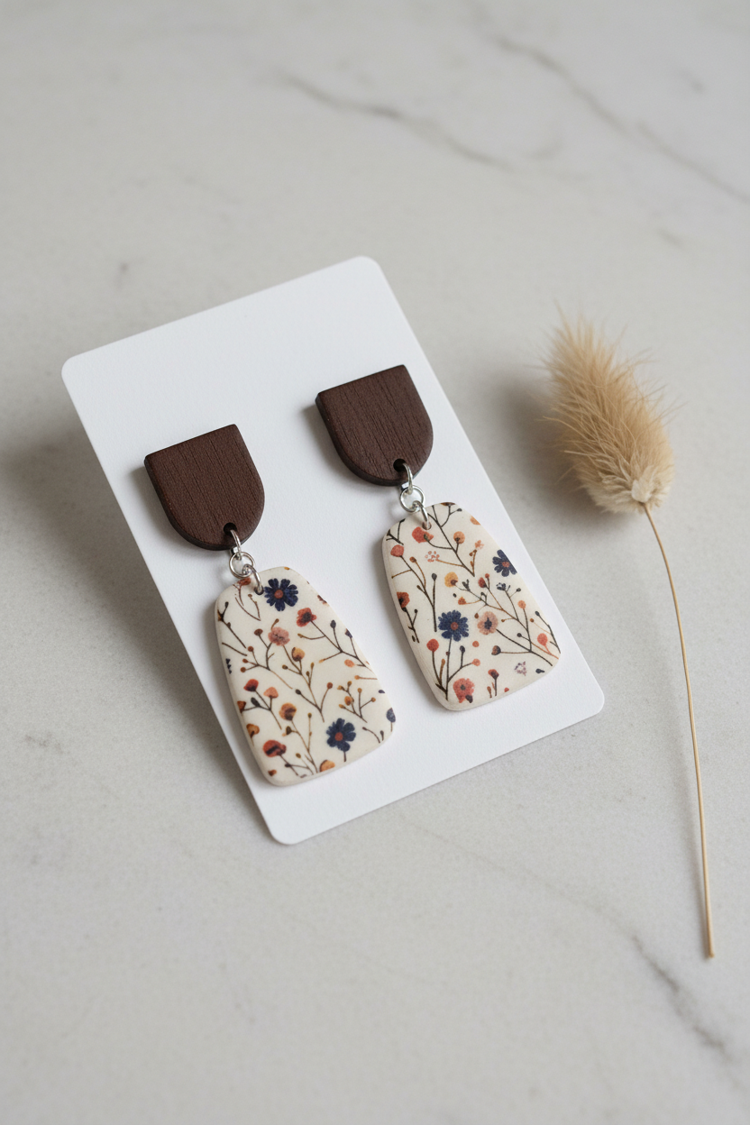Handmade Wild Stem earrings — dark wood arch stud with large meadow wildflower print rounded trapezoid clay drop in navy, rust and peach on cream, stainless steel findings, on white jewellery card on stone surface