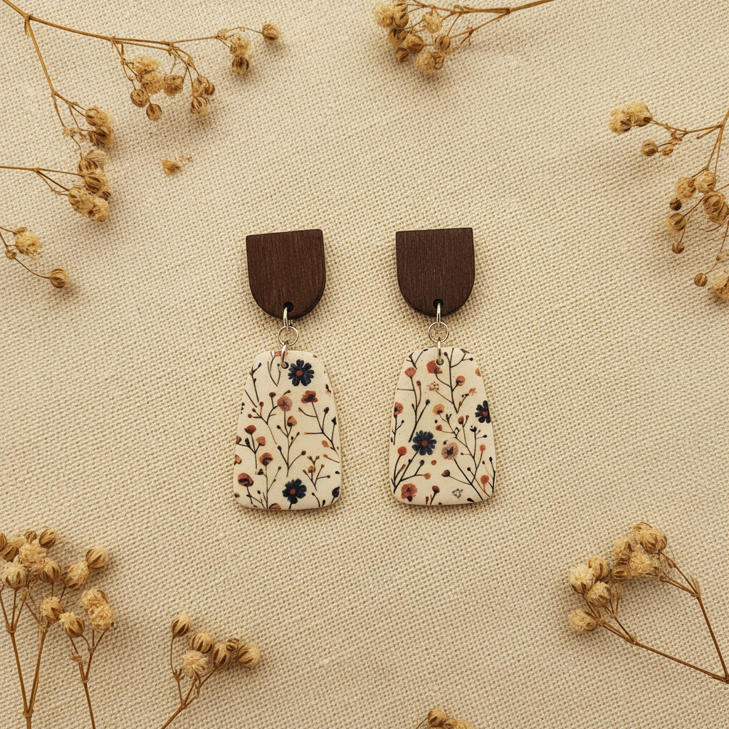 Overhead flat lay of Crafty Larder Wild Stem earrings on cream linen with dried botanicals — dark wood arch stud with large meadow wildflower print rounded trapezoid clay drop in navy, rust and peach on cream