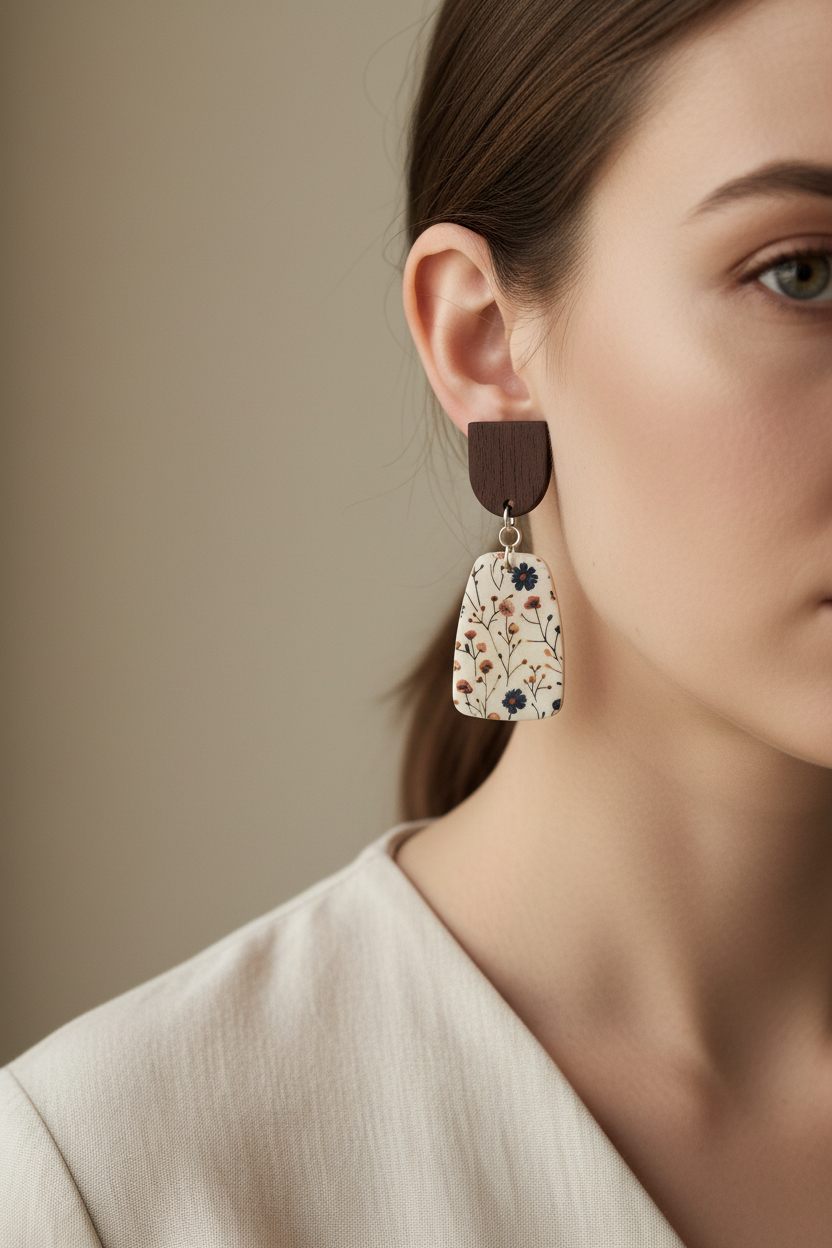 Close up of model wearing Crafty Larder Wild Stem statement earrings — dark wood arch stud with large meadow wildflower print rounded trapezoid clay drop, hair tucked back showing full earring