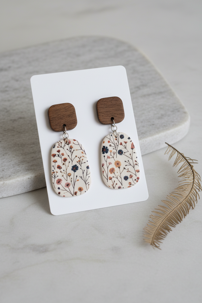 Handmade Wild Stem earrings — rounded square dark wood stud with large meadow wildflower print stadium clay drop in navy, rust and peach on cream, stainless steel findings, on white jewellery card on stone surface