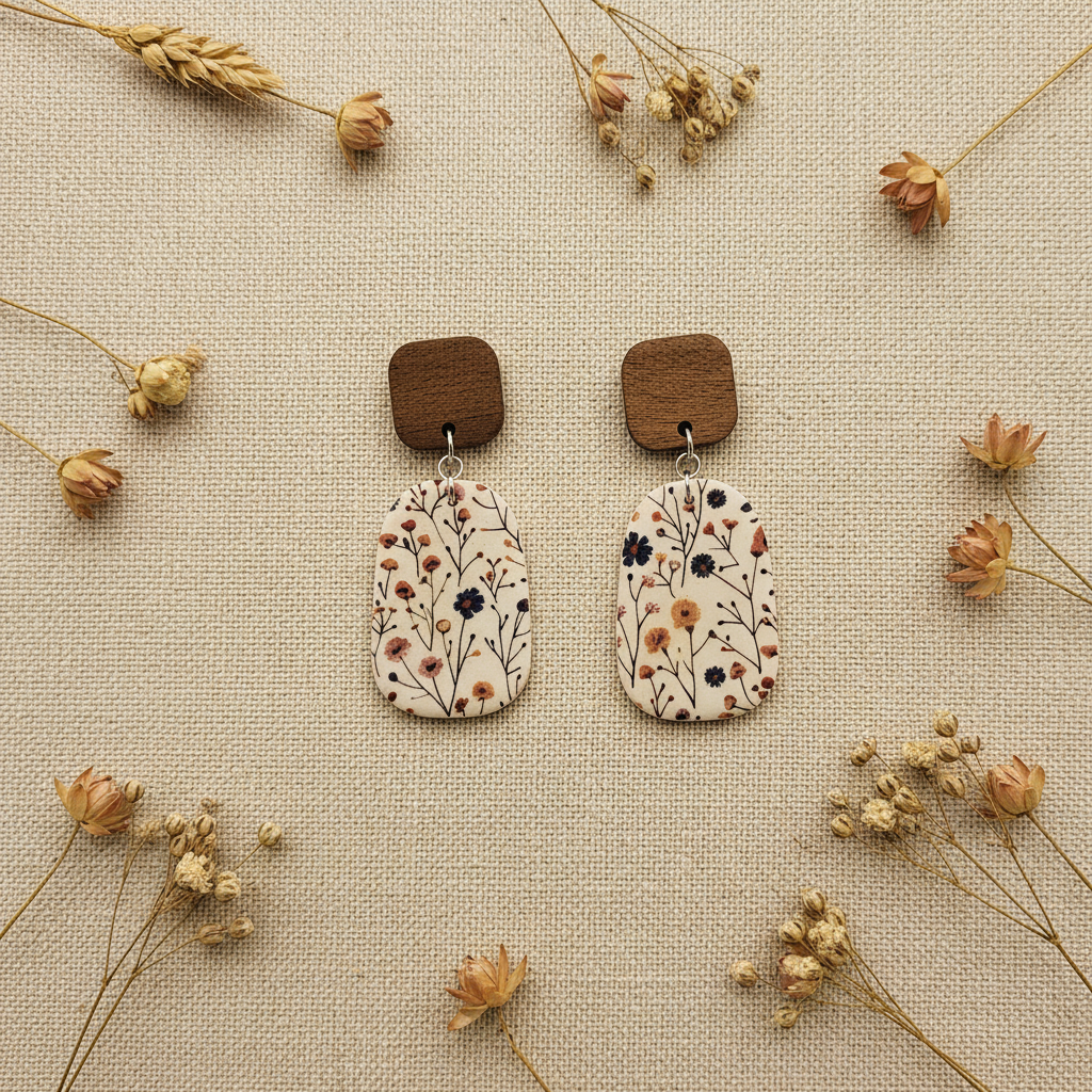 Overhead flat lay of Crafty Larder Wild Stem earrings on cream linen with dried botanicals — rounded square dark wood stud with large meadow wildflower print stadium clay drop in navy, rust and peach on cream