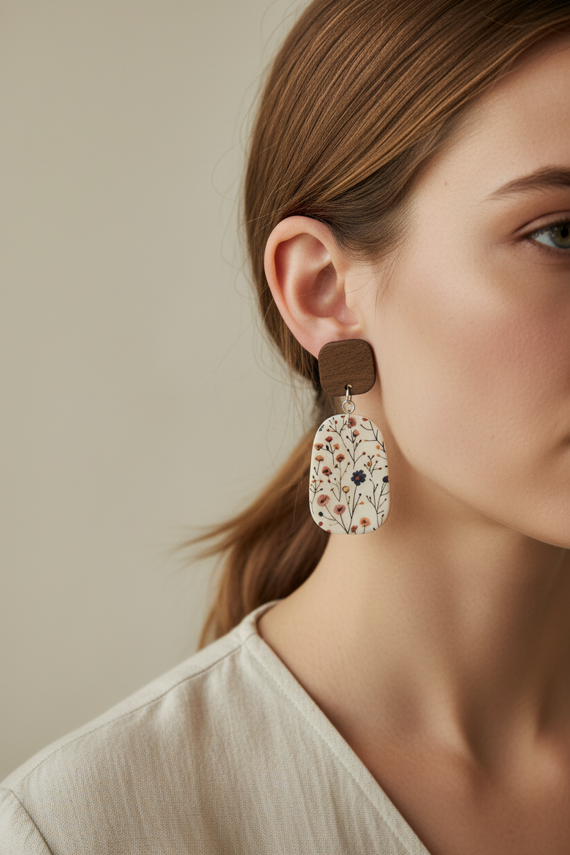 Close up of model wearing Crafty Larder Wild Stem statement earrings — rounded square dark wood stud with large meadow wildflower print stadium clay drop, hair tucked back showing full earring length