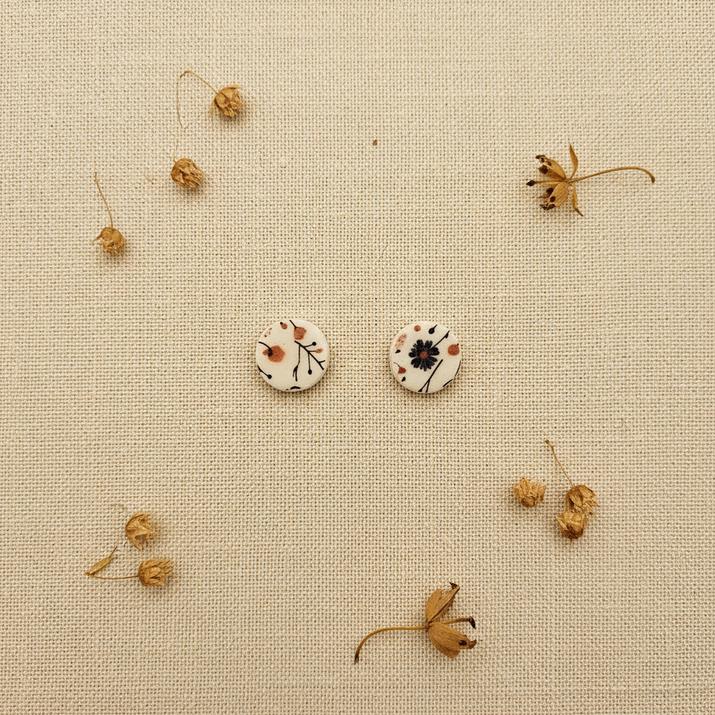 Overhead flat lay of Crafty Larder Wild Stem circle stud earrings on cream linen with dried botanicals — delicate sparse botanical illustration print with wispy stems and seed heads on cream