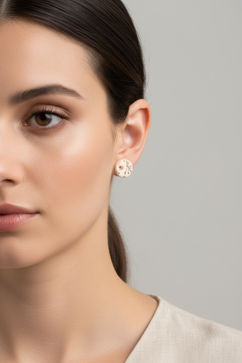 Close up of model wearing Crafty Larder Wild Stem circle stud earrings — delicate botanical illustration print with wispy stems on cream, hair tucked back showing stud on lobe
