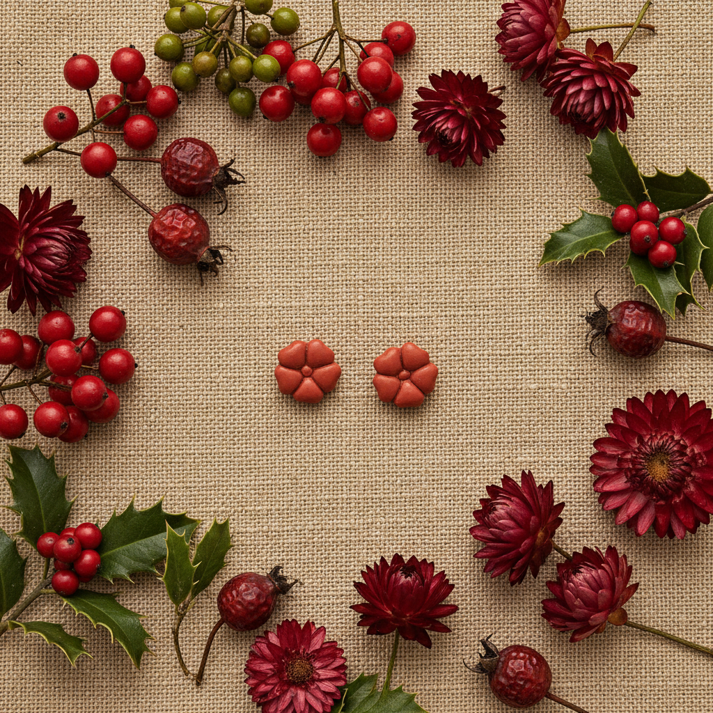 Blossom Studs in Winterberry flat lay with dried red winterberries, holly sprigs and crimson dried flowers on warm linen, handmade polymer clay earrings from Crafty Larder's Harvest & Dusk Collection