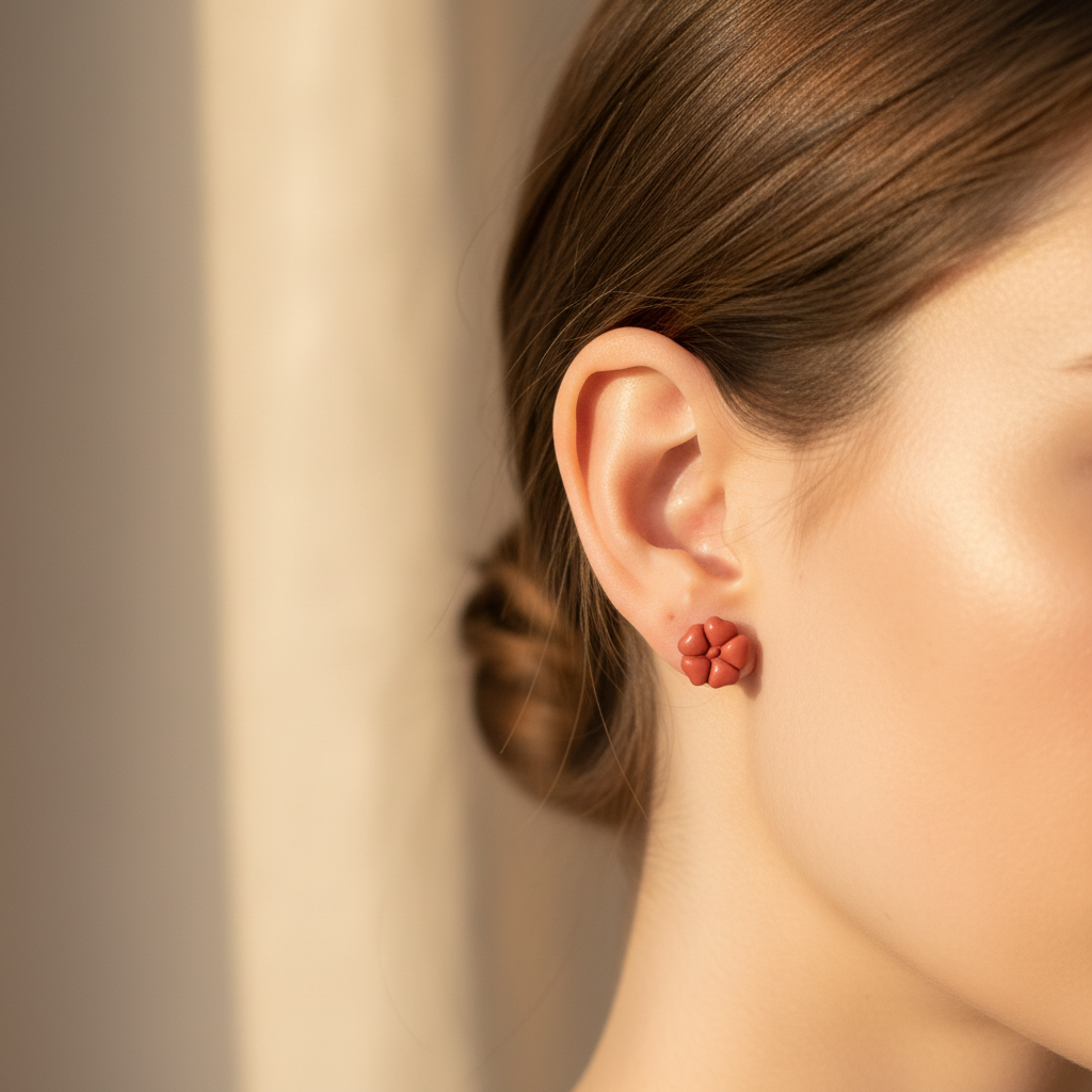 Woman wearing Blossom Studs in Winterberry, warm terracotta red polymer clay 5-petal flower studs, handcrafted in New Zealand by Crafty Larder