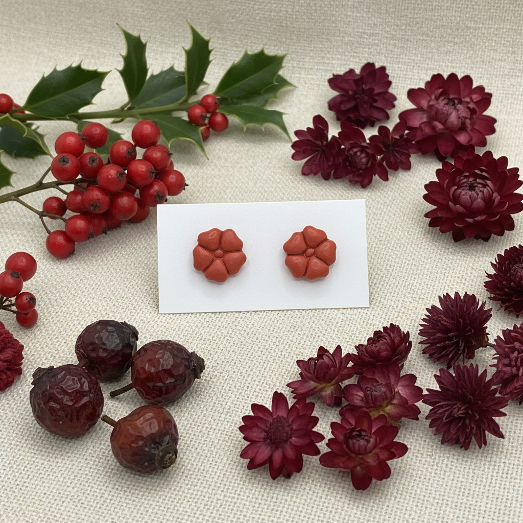 Blossom Studs in Winterberry — handmade polymer clay 5-petal flower stud earrings, displayed on white card with rich winter berry and rosehip botanical styling, handcrafted in New Zealand by Crafty Larder