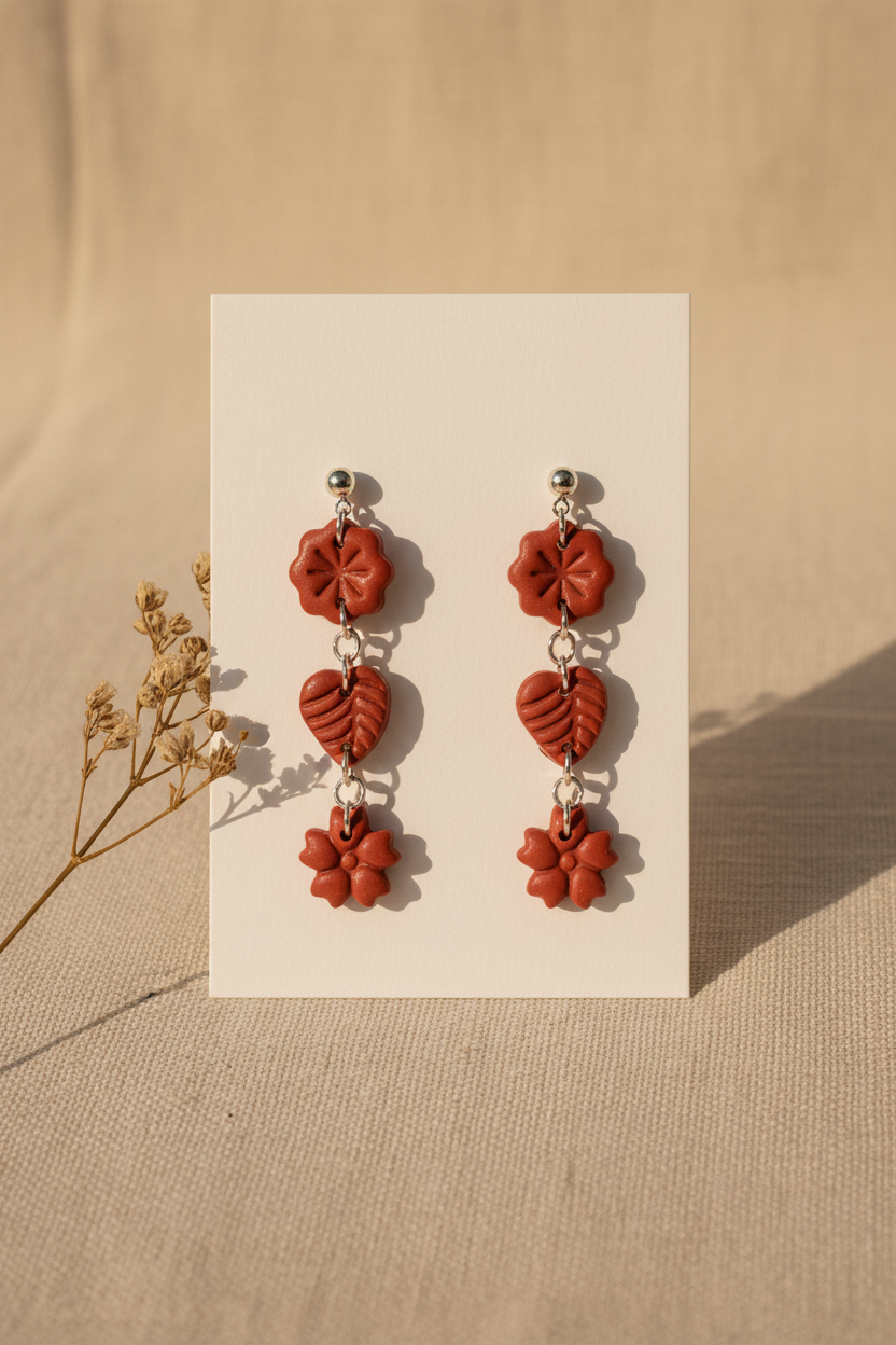 Handmade polymer clay Botanical Trio Earrings in Winterberry — warm terracotta red three-tier flower, leaf & flower drop earrings on a plain white jewellery card with dried botanical stem