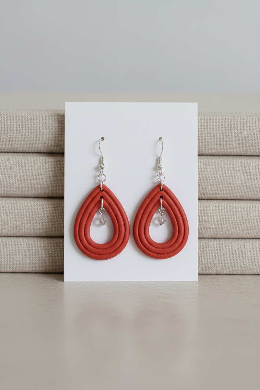 Handmade polymer clay Raindrop Crystal Earrings in Winterberry — warm terracotta red open teardrop hoop earrings with crystal bead drop, displayed on a plain white jewellery card propped against linen