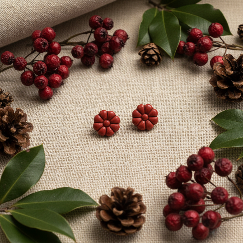 Dahlia Studs in Winterberry flat lay with dried red berries and dark foliage on warm linen, handmade polymer clay earrings from Crafty Larder's Harvest & Dusk Collection