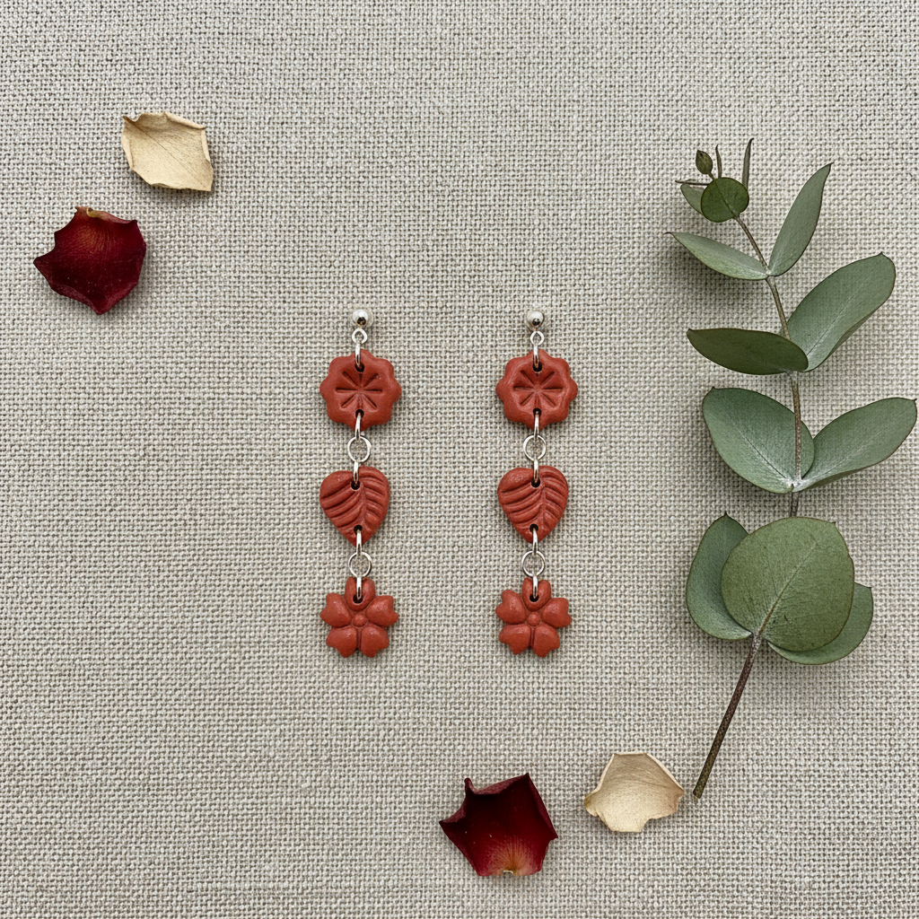 lat lay of Crafty Larder Botanical Trio Earrings in Winterberry on warm grey linen with eucalyptus — handmade polymer clay three-tier flower, leaf & flower drop earrings in warm terracotta red
