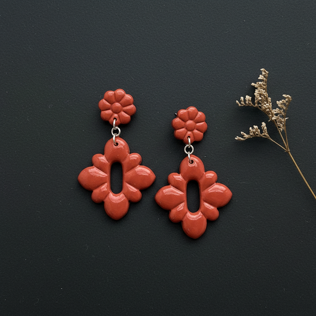 Flat lay of Crafty Larder Gerbera Drop Earrings in Winterberry on a dark moody surface with dried botanicals — handmade polymer clay dangle earrings in warm terracotta red