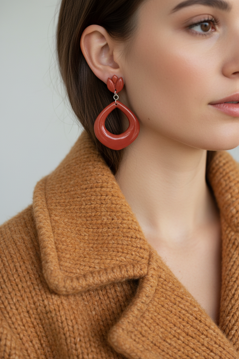 Model wearing Crafty Larder Tulip Loop Earrings in Winterberry — handmade polymer clay dangle earrings in warm terracotta red, styled with a cosy autumn winter knit