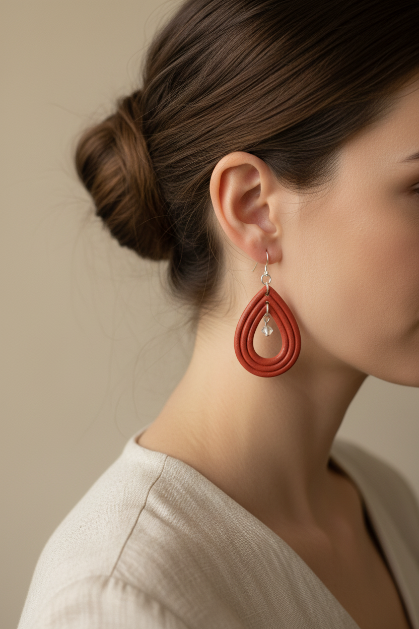 Side profile of model wearing Crafty Larder Raindrop Crystal Earrings in Winterberry — handmade polymer clay open teardrop hoop earrings with crystal bead in warm terracotta red, hair up showing full earring