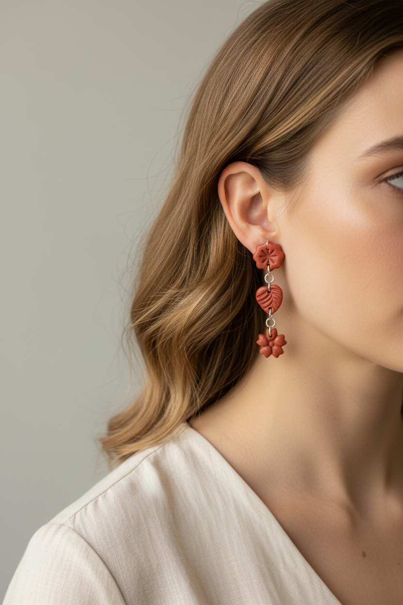 Model wearing Crafty Larder Botanical Trio Earrings in Winterberry — handmade polymer clay three-tier botanical drop earrings in warm terracotta red showing full length against neck and collarbone