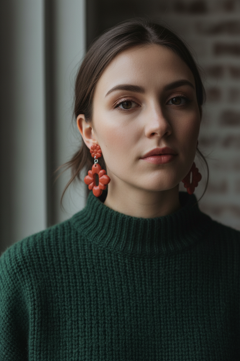 Model wearing Crafty Larder Gerbera Drop Earrings in Winterberry — handmade polymer clay dangle earrings in warm terracotta red, styled with a rich dark autumn winter outfit