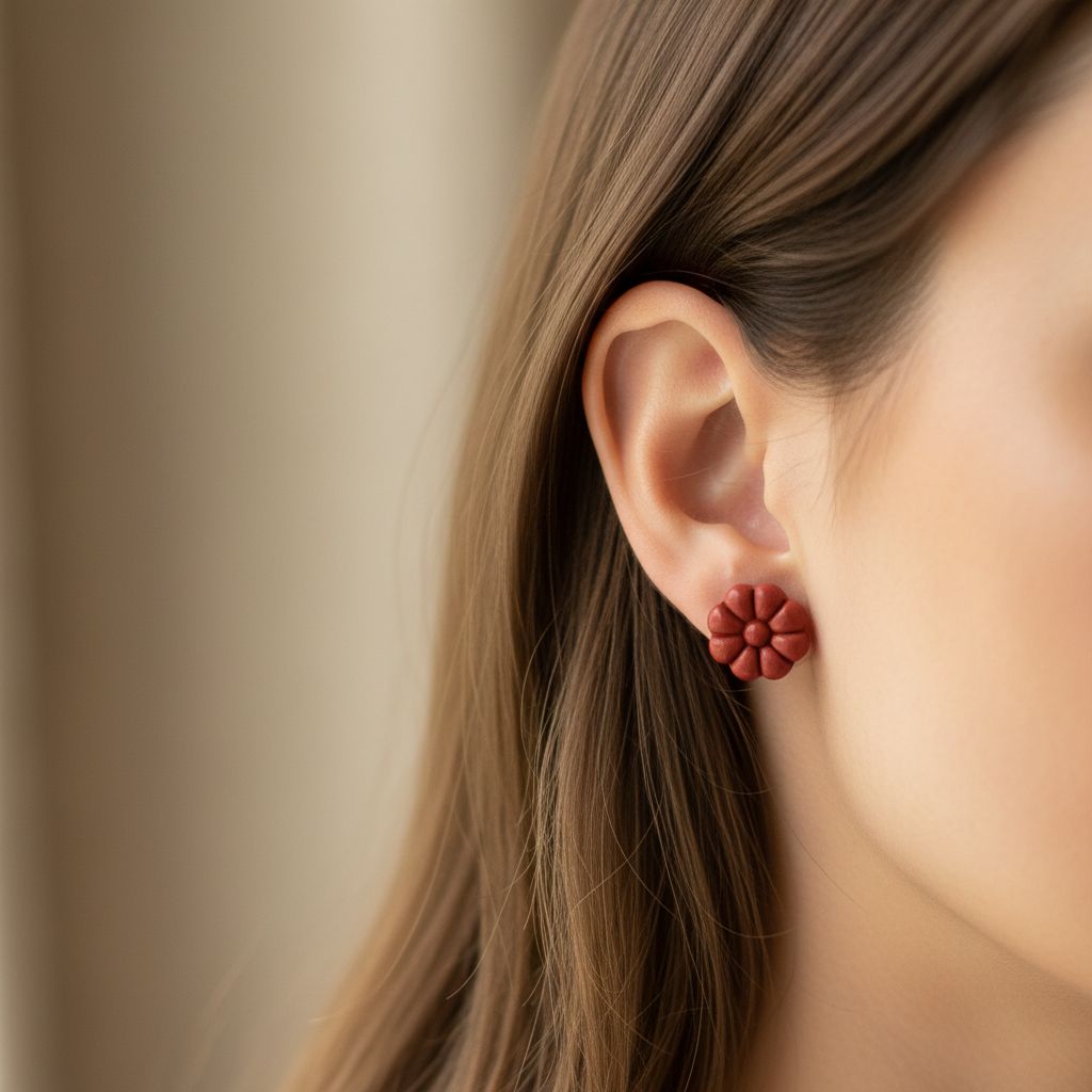 Woman wearing Dahlia Studs in Winterberry, deep red polymer clay 8-petal dahlia flower studs, handcrafted in New Zealand by Crafty Larder