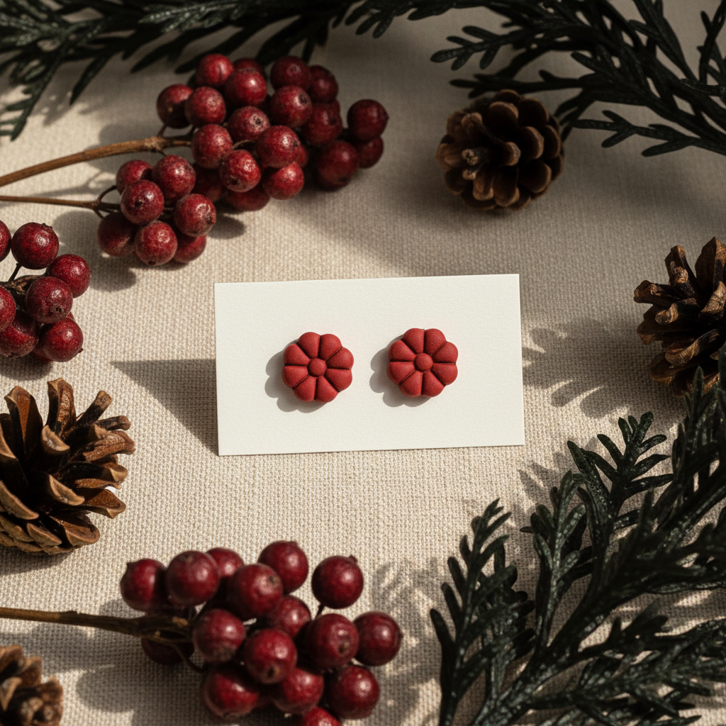 Dahlia Studs in Winterberry — handmade polymer clay 8-petal dahlia flower stud earrings, displayed on white card with winter botanical styling, handcrafted in New Zealand by Crafty Larder