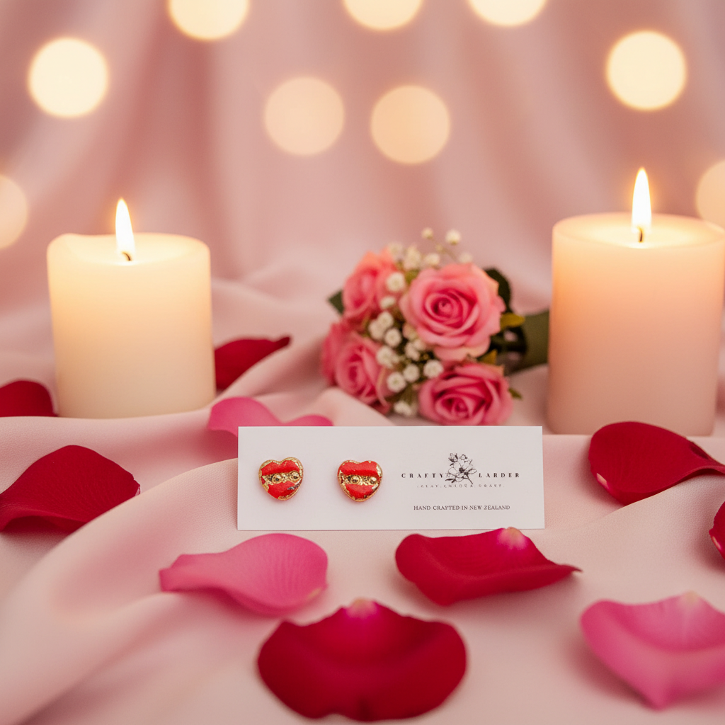 "Red XOXO heart stud earrings with rose petals and romantic Valentine's Day styling"